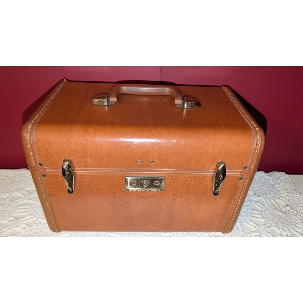 Vintage Samsonite Case Mirror & Tray Hard Side Suitcase Brown Luggage No Key